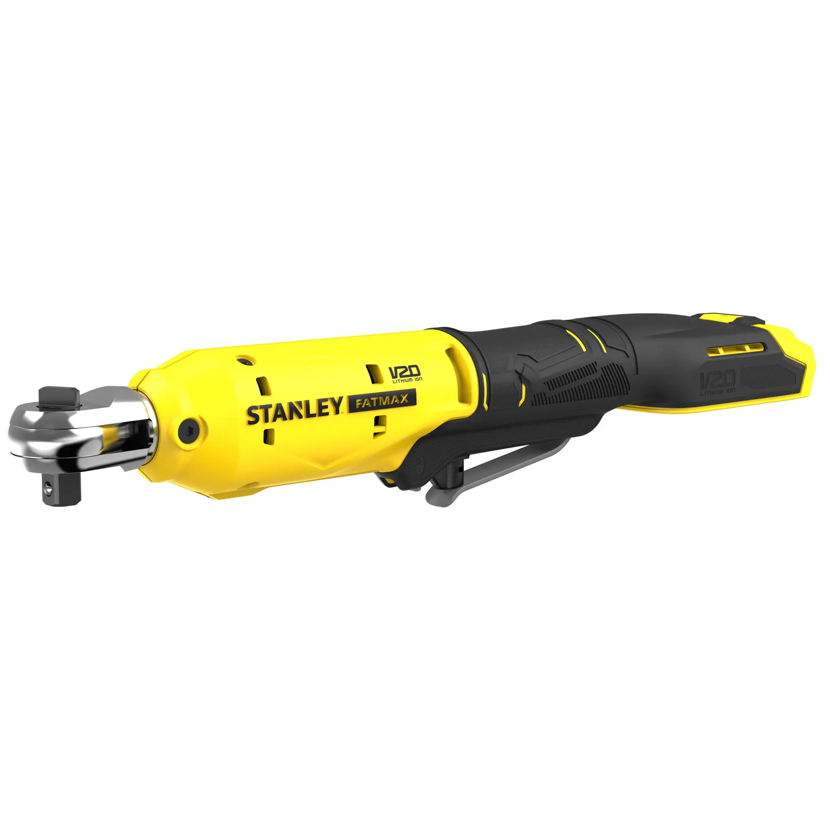Llave de carraca STANLEY SCF930B amarillo y negro, vista lateral sobre fondo blanco.