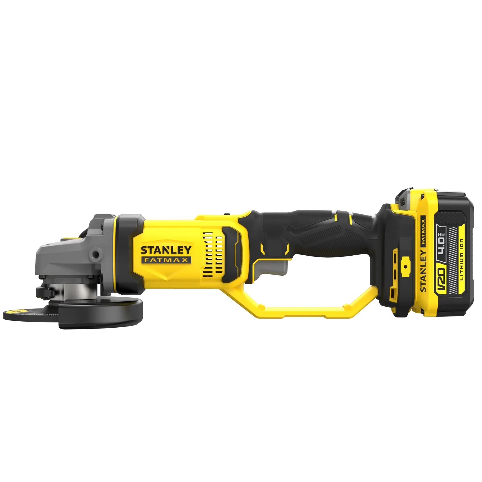 STANLEY SCG400M2K-KR amoladora angular inalámbrica, amarilla y negra, vista lateral, serie FATMAX.