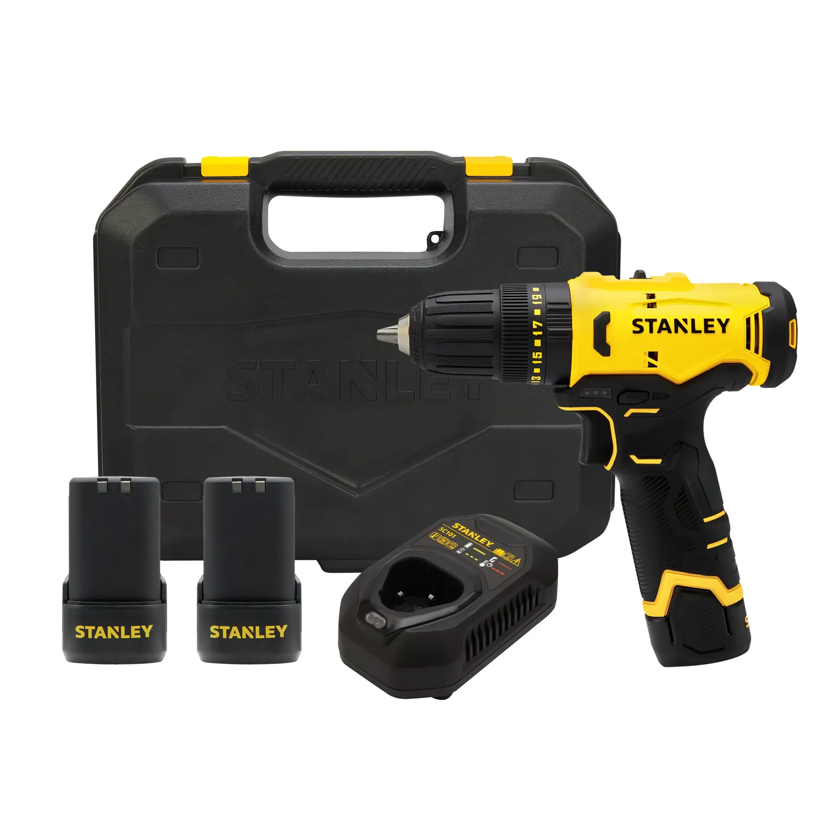 Stanley SCH10D2K taladro inalámbrico con dos baterías, cargador y estuche negro, vista frontal.