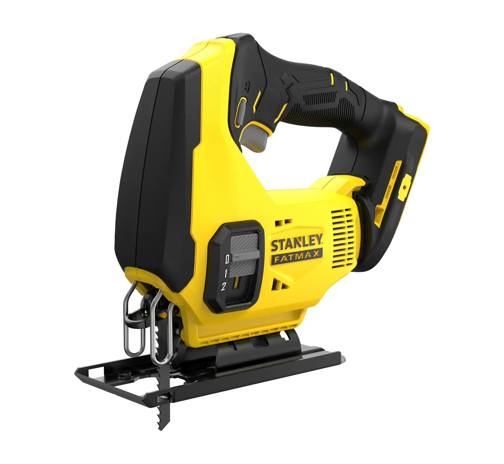 STANLEY SCJ600B sierra caladora inalámbrica vista lateral, cuerpo amarillo y negro, mango ergonómico, hoja y dial visibles.