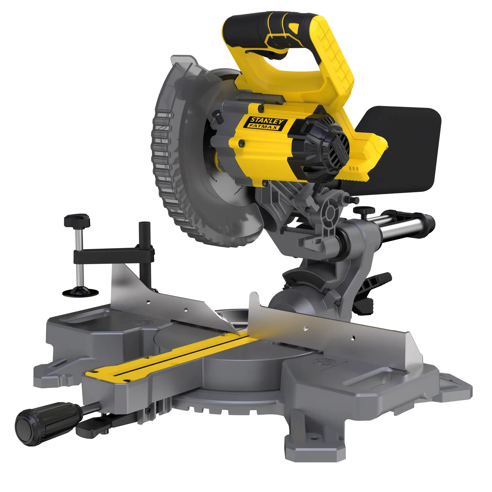 STANLEY SCM701-B3 sierra de inglete, amarillo y negro, ángulo lateral, con base ajustable y mango ergonómico.