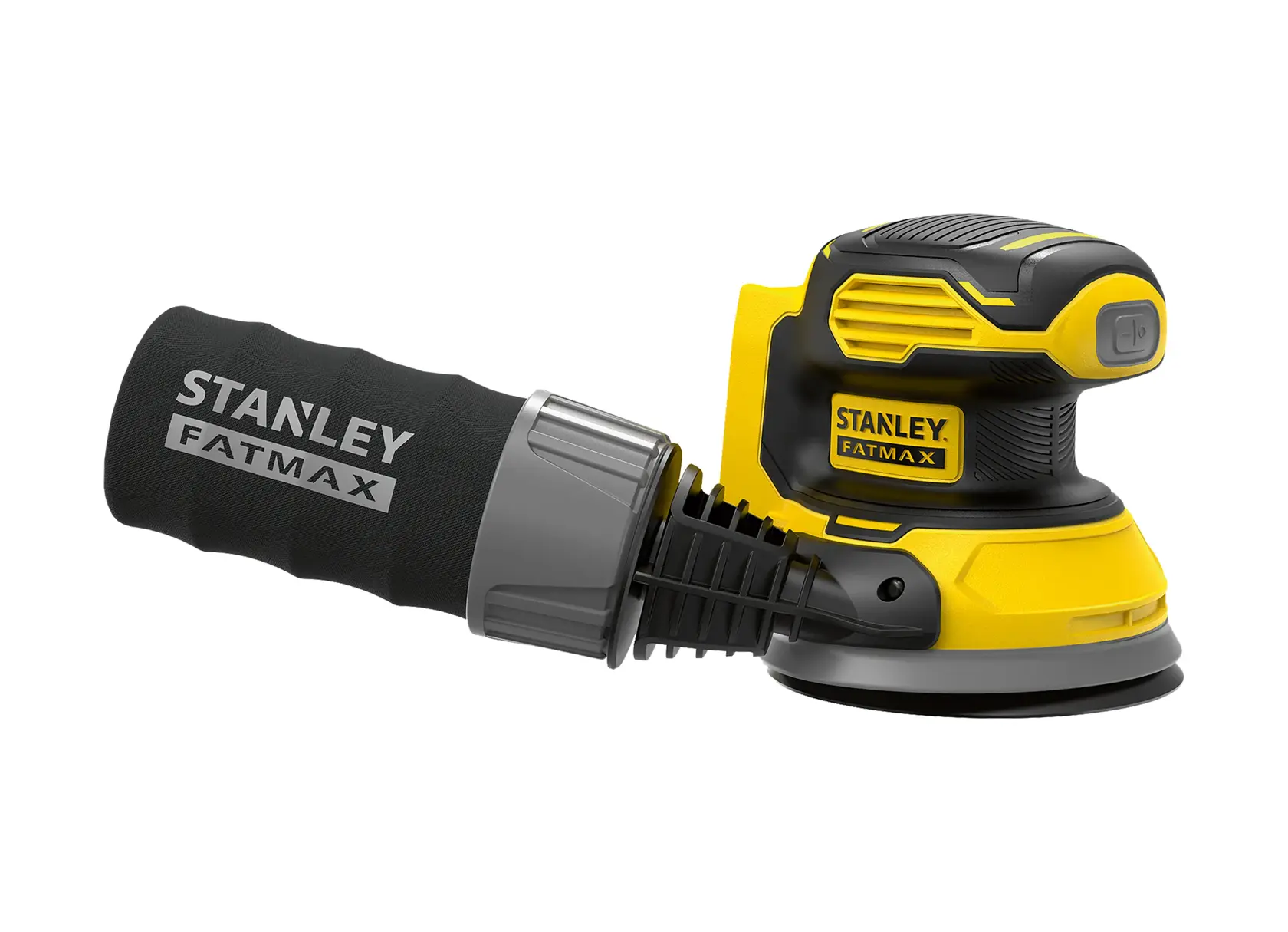 Lijadora inalámbrica FATMAX amarillo y negro STANLEY SCS220B vista lateral sobre fondo blanco.