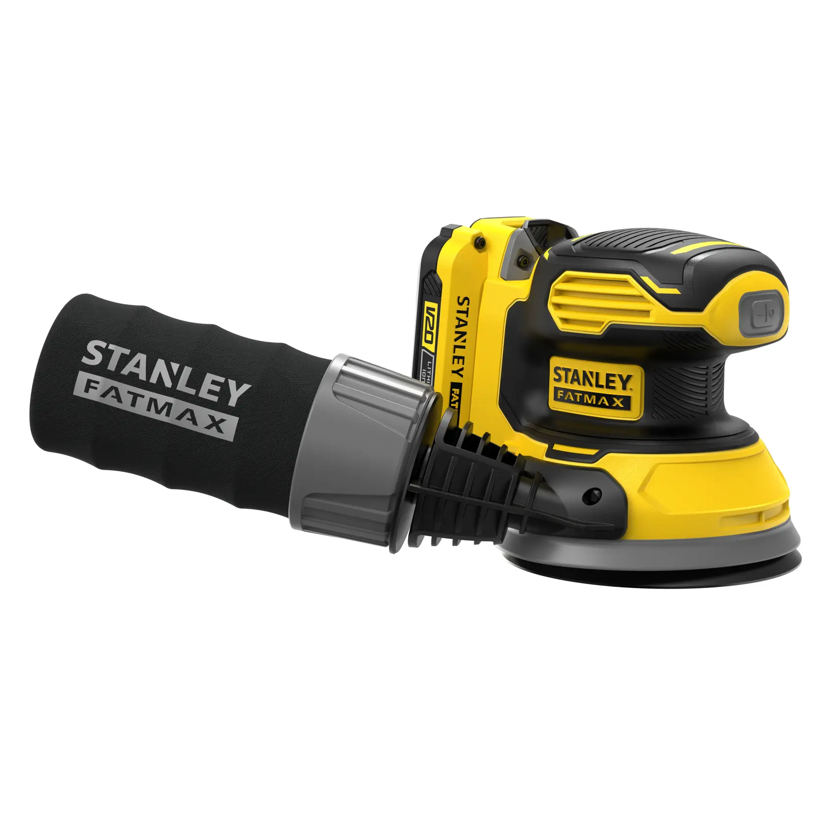 Lijadora orbital inalámbrica STANLEY SCS220C1S, amarilla y negra, vista lateral, con bolsa recolectora de polvo.