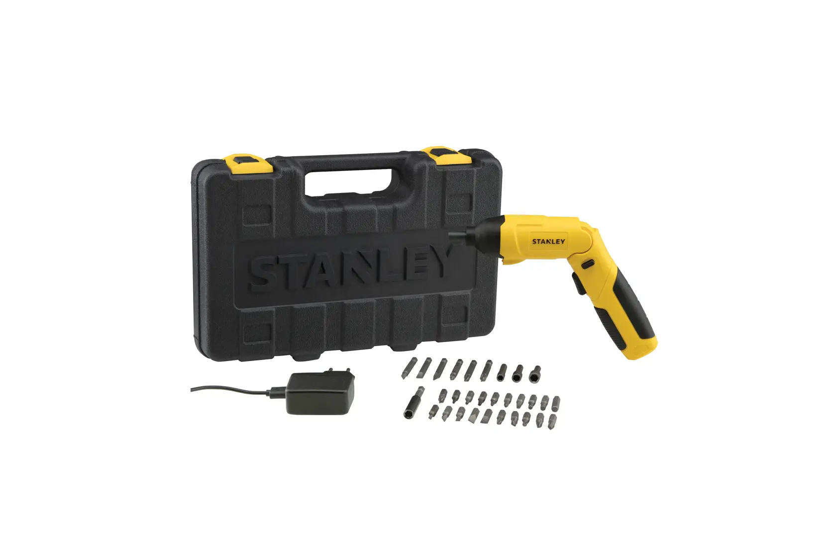 Stanley SCS4K kit de destornillador amarillo inalámbrico con estuche negro, cargador y varias puntas, ángulo frontal.