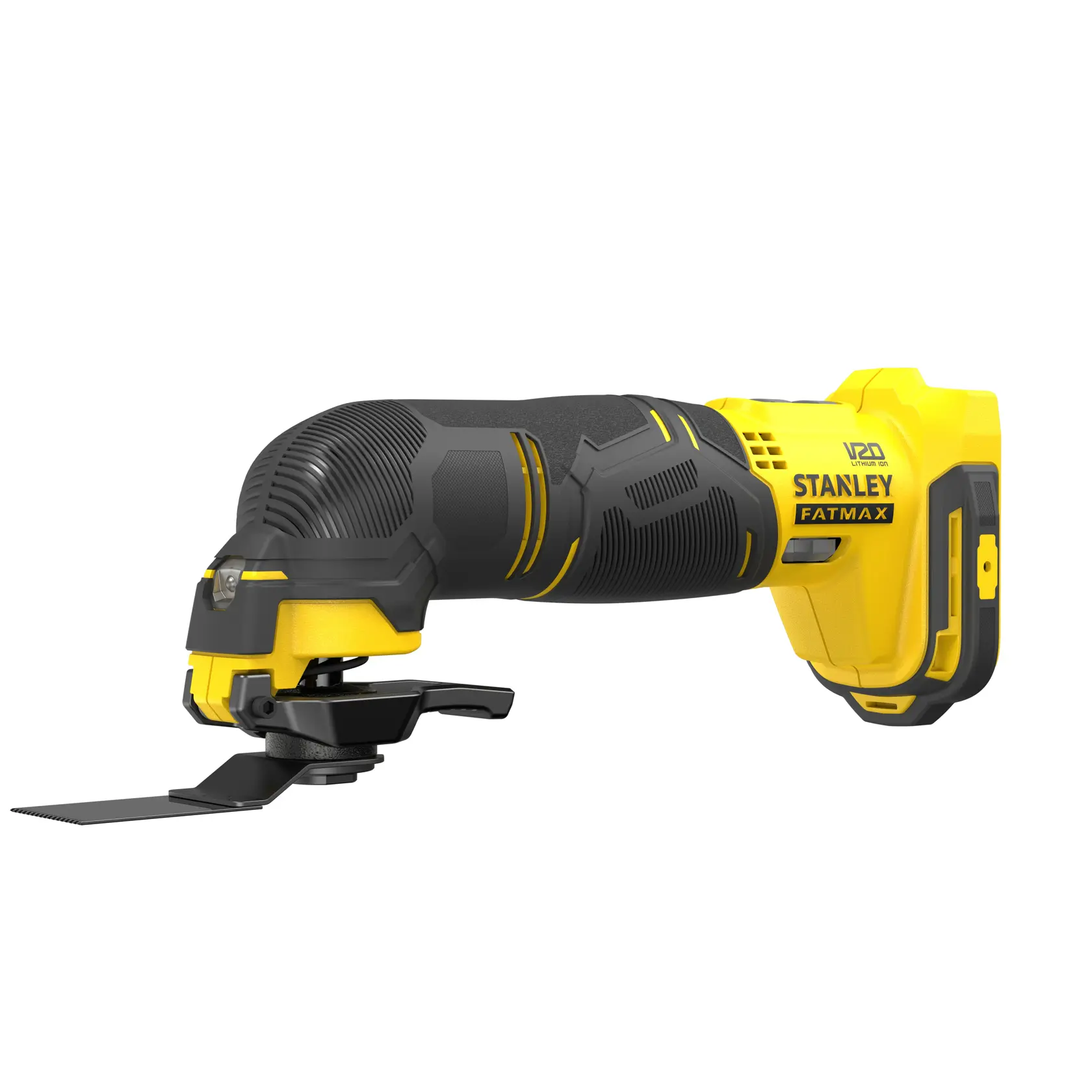 STANLEY SCT500 multiherramienta oscilante inalámbrica, vista lateral, cuerpo amarillo y negro con hoja acoplada.