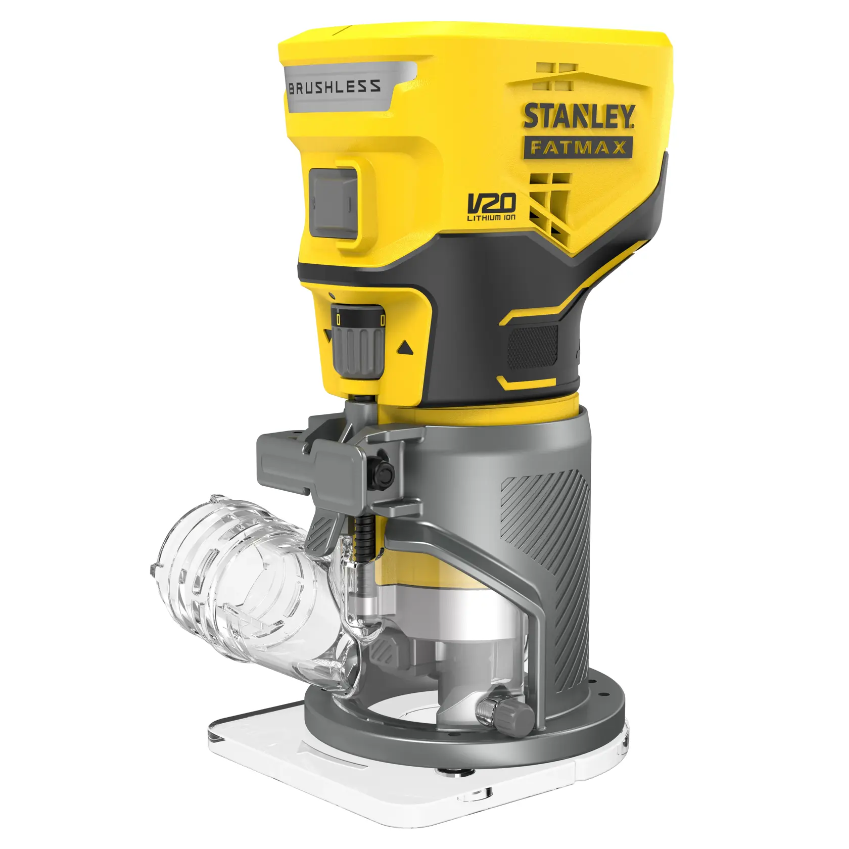Enrutador inalámbrico STANLEY SCW400B-B3, amarillo y gris, vista lateral, con accesorio transparente para polvo.