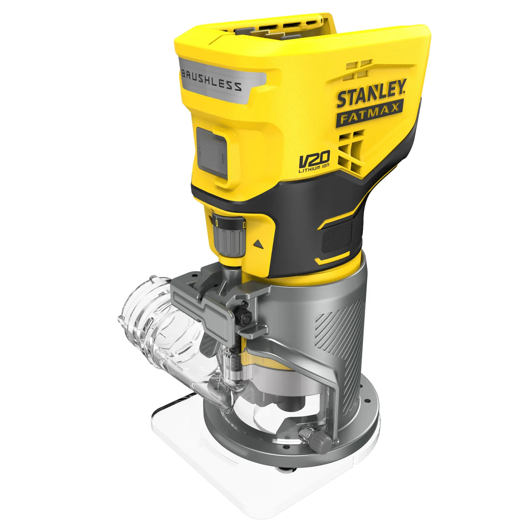 STANLEY SCW400B-B3 router compacto inalámbrico, amarillo y negro, brushless, en ángulo de tres cuartos sobre fondo blanco.