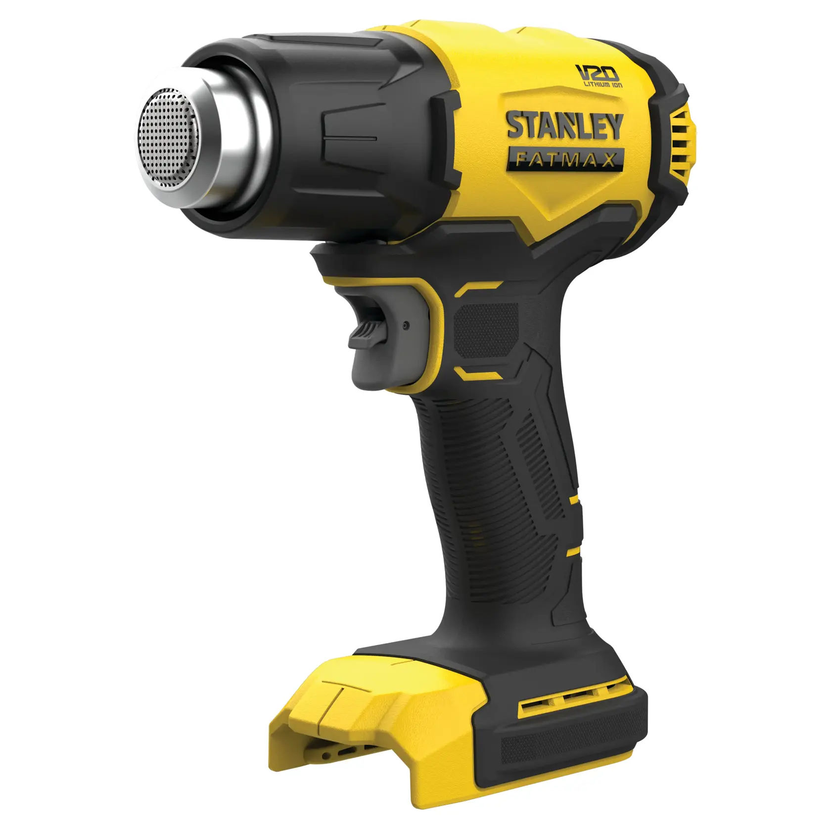 Pistola de calor STANLEY SCX530 con cuerpo negro y amarillo, vista lateral sobre fondo blanco, diseño inalámbrico.