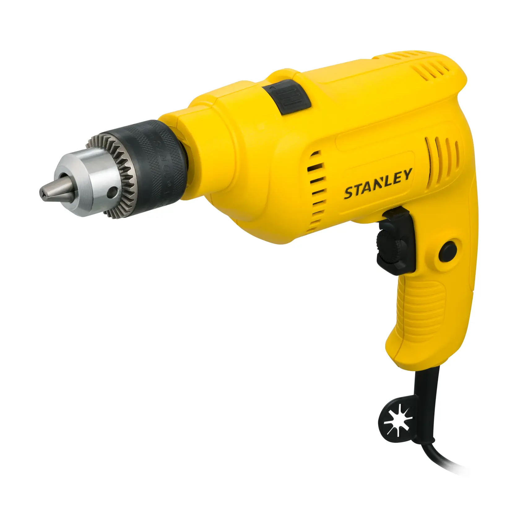 STANLEY SDH600KP maletín negro de plástico rígido con cierres amarillos, ángulo frontal.