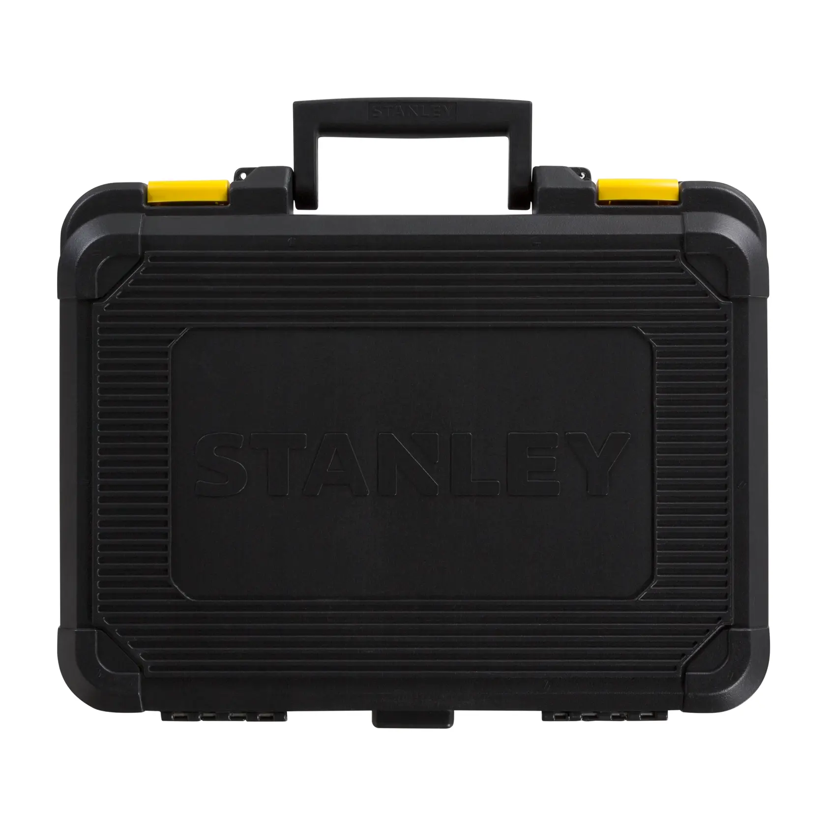 Taladro con cable amarillo Stanley SDH600KP perforando metal, ángulo lateral en taller.