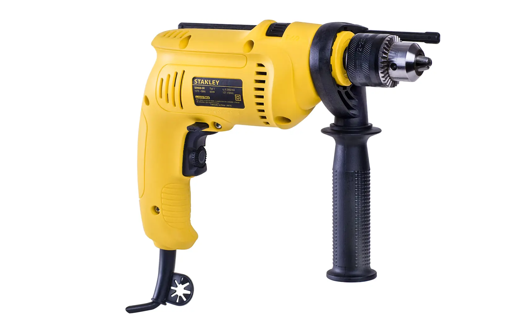 Stanley SDH600 taladro amarillo con cable y mango lateral, fotografía de producto sobre fondo blanco.