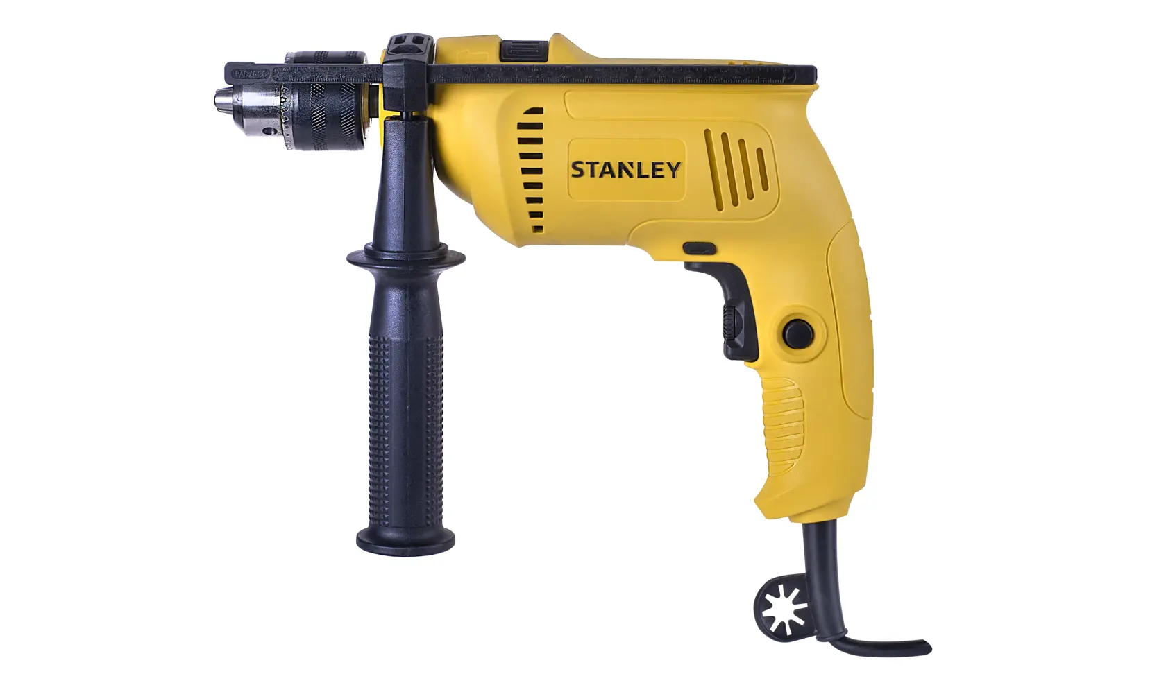 Stanley SDH600 taladro percutor amarillo con cable, vista lateral, con mango y cabezal negros sobre fondo blanco.