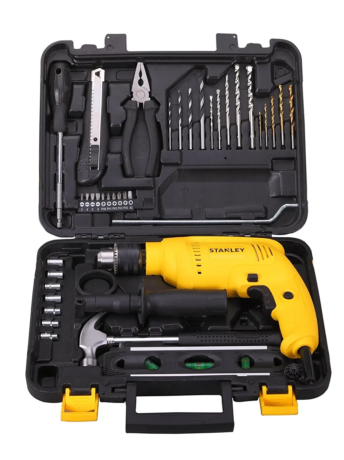 Fotografía del kit de herramientas STANLEY SDH600, taladro amarillo y accesorios en estuche negro abierto, ángulo frontal.