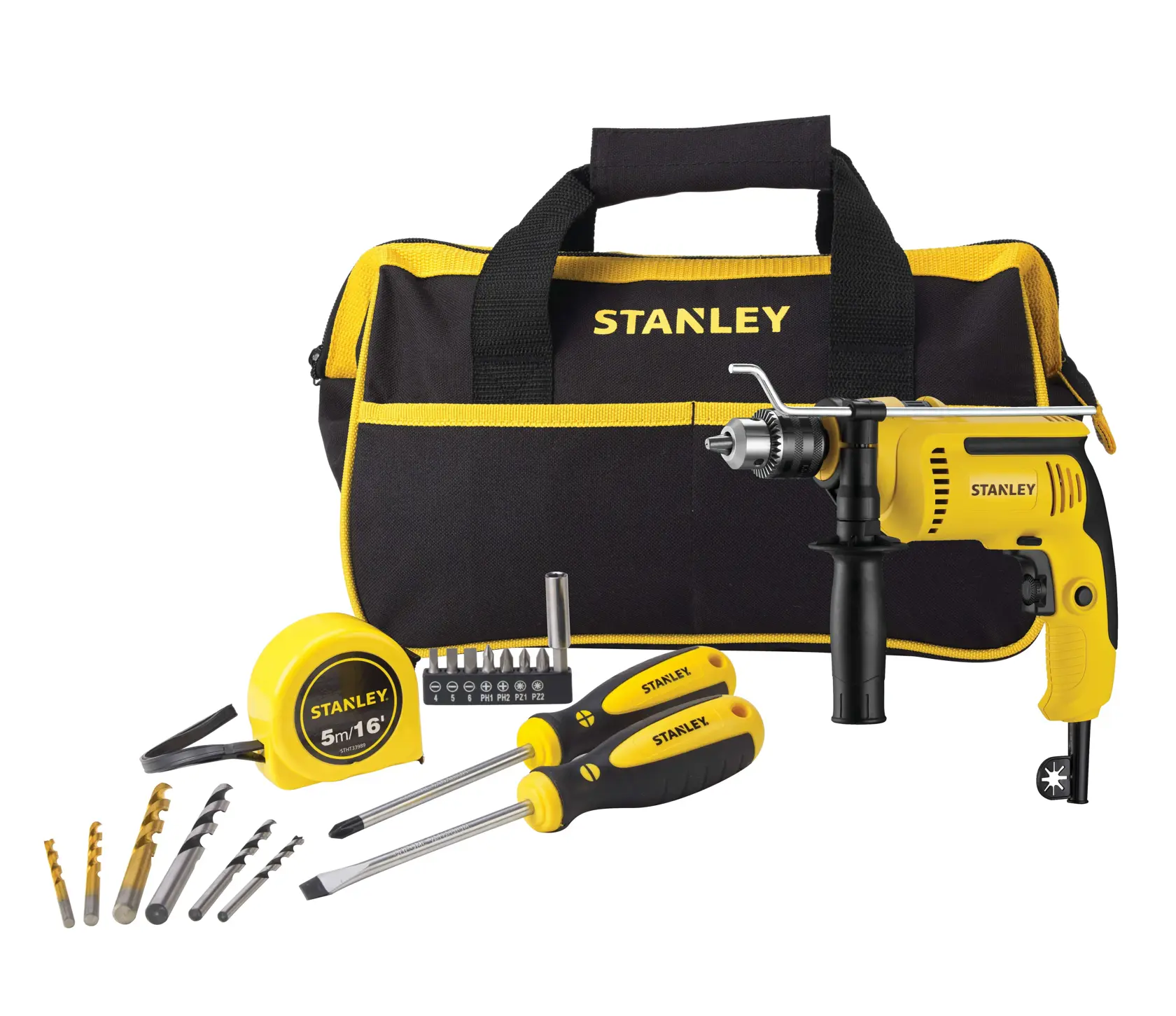 Kit de herramientas Stanley SDH700BA-B3 con taladro, destornilladores, cinta métrica, brocas y bolsa negro-amarilla, vista frontal.
