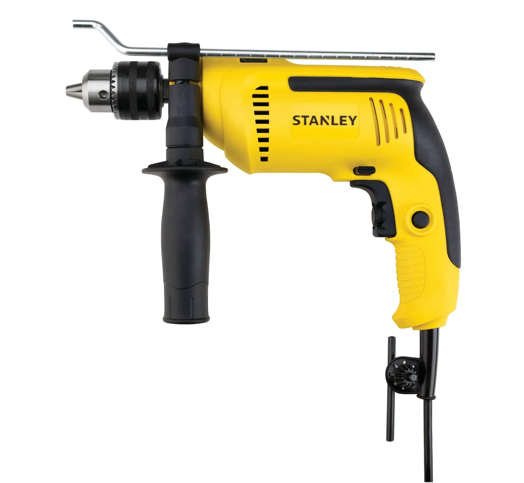 Taladro percutor con cable Stanley SDH700K-B2C amarillo con mango lateral, vista frontal sobre fondo blanco.