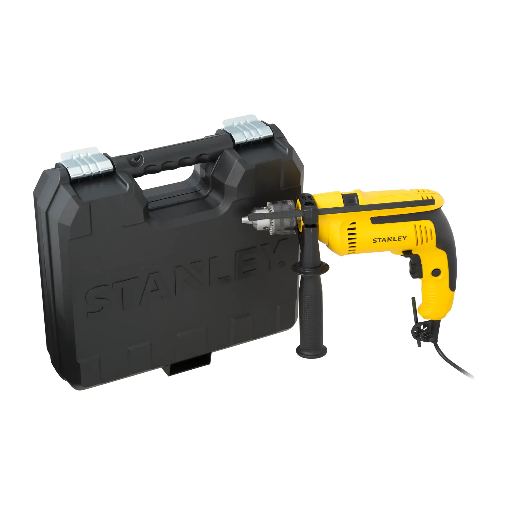 STANLEY SDH700K-B2C taladro amarillo con cable, mango lateral y barra de profundidad, ángulo frontal sobre fondo blanco.