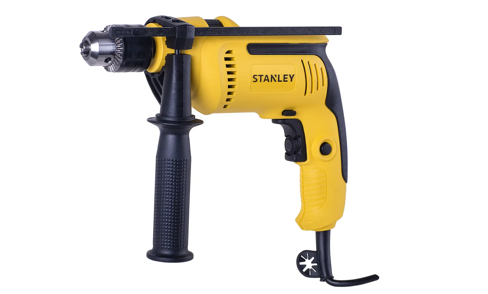 STANLEY SDH700 taladro percutor amarillo con cable y mango lateral, vista lateral izquierda sobre fondo blanco.
