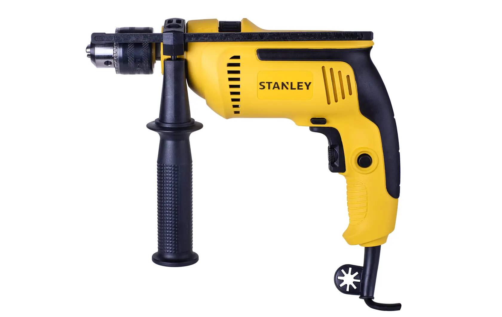 Taladro con cable Stanley SDH700 amarillo y negro vista lateral con mango auxiliar sobre fondo blanco.