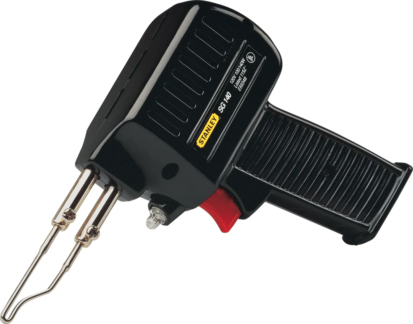Stanley SG100 pistola de soldar eléctrica, cuerpo negro, vista lateral, gatillo y puntas metálicas visibles.