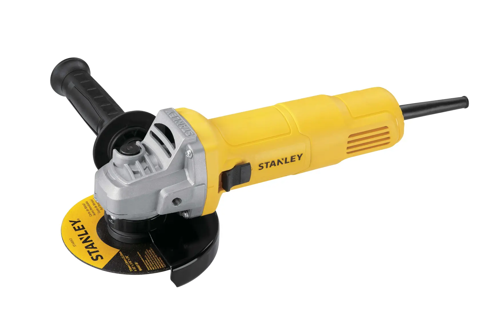 STANLEY SG6115-B2C amoladora angular amarilla con mango lateral, ángulo frontal, sobre fondo blanco.