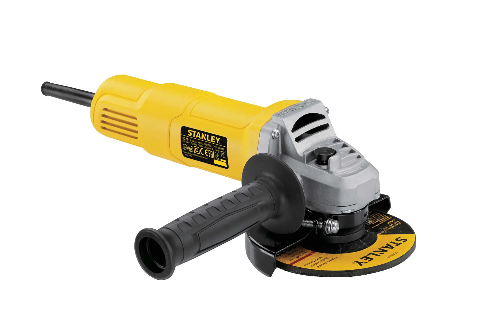 Stanley SG6115-B2C amoladora angular amarilla con mango y disco negro, fotografía sobre fondo blanco.