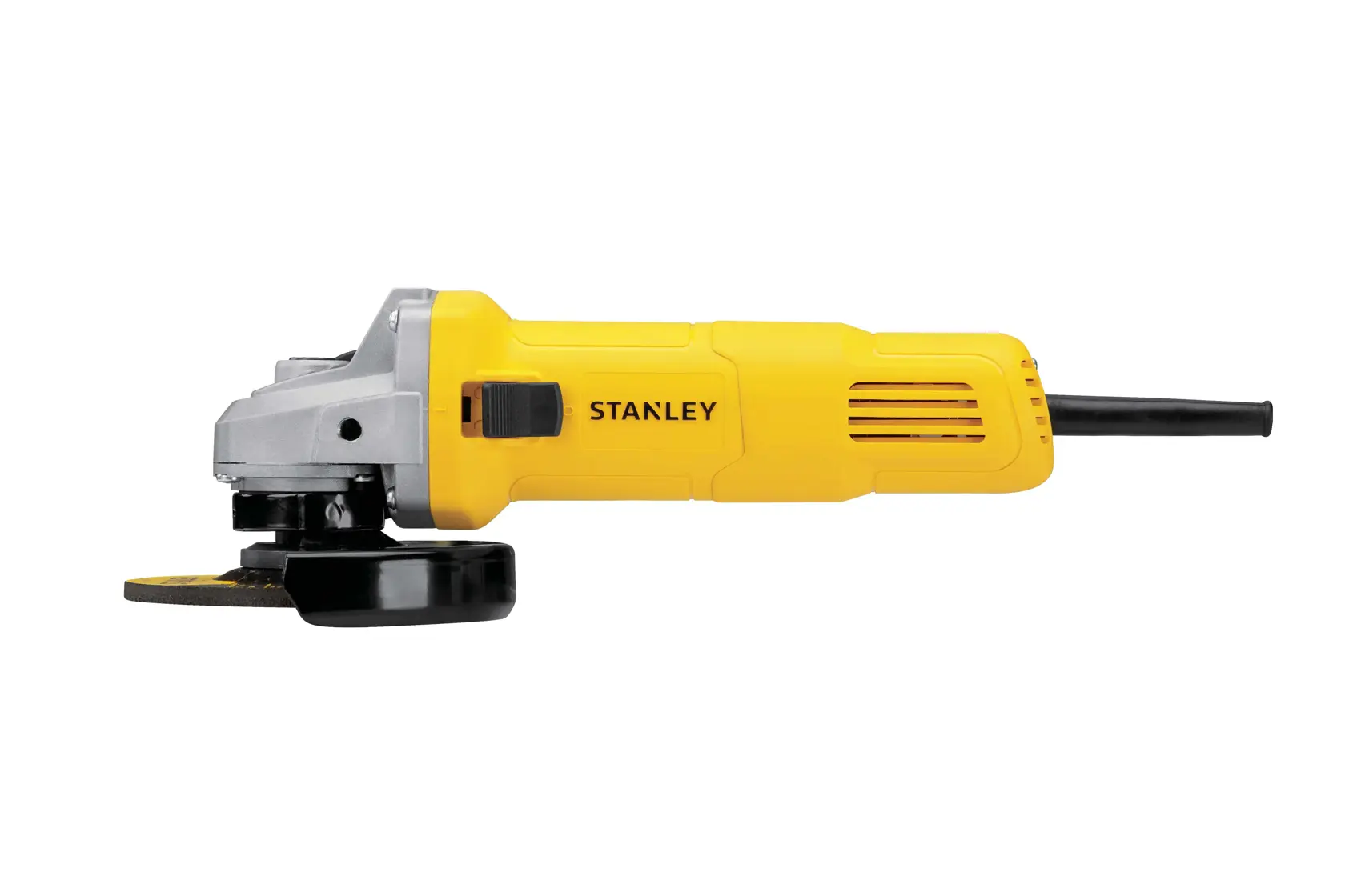 Stanley SG6115-B2C esmeril angular amarillo vista lateral sobre fondo blanco, diseño compacto y mango negro.