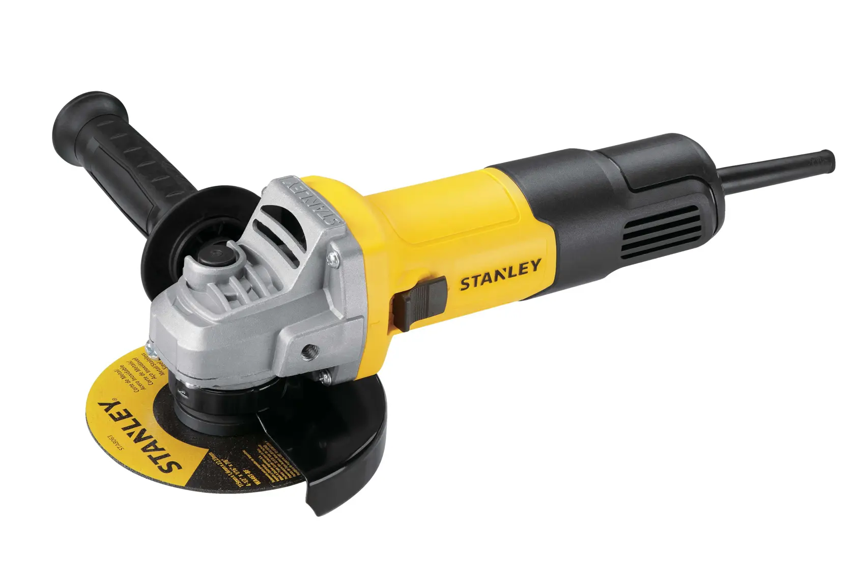 Stanley SG7115-B3 amoladora angular amarilla y negra vista lateral sobre fondo blanco.