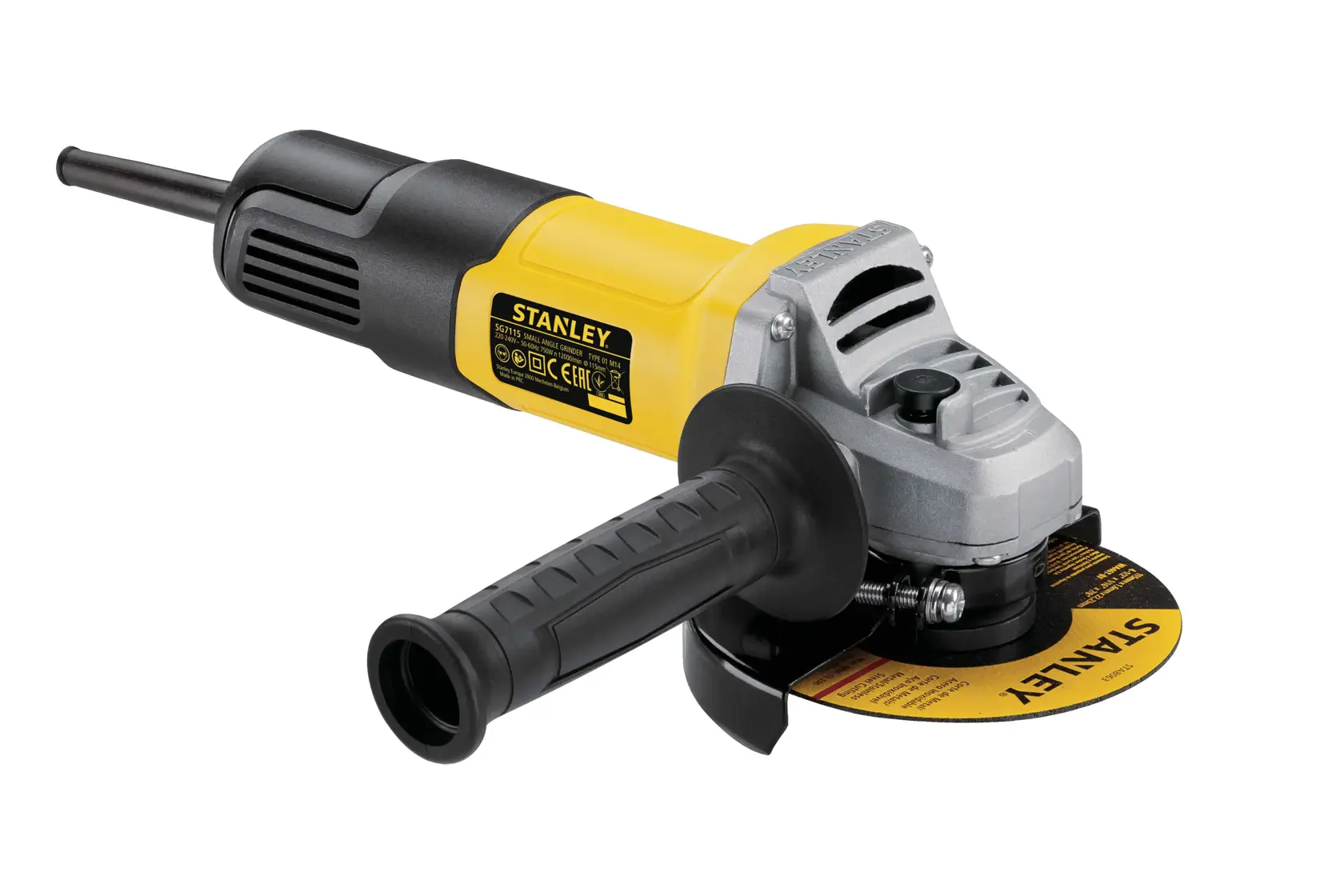 Stanley SG7115-B3 esmeril angular, amarillo y negro, vista lateral con mango y disco de corte sobre fondo blanco.