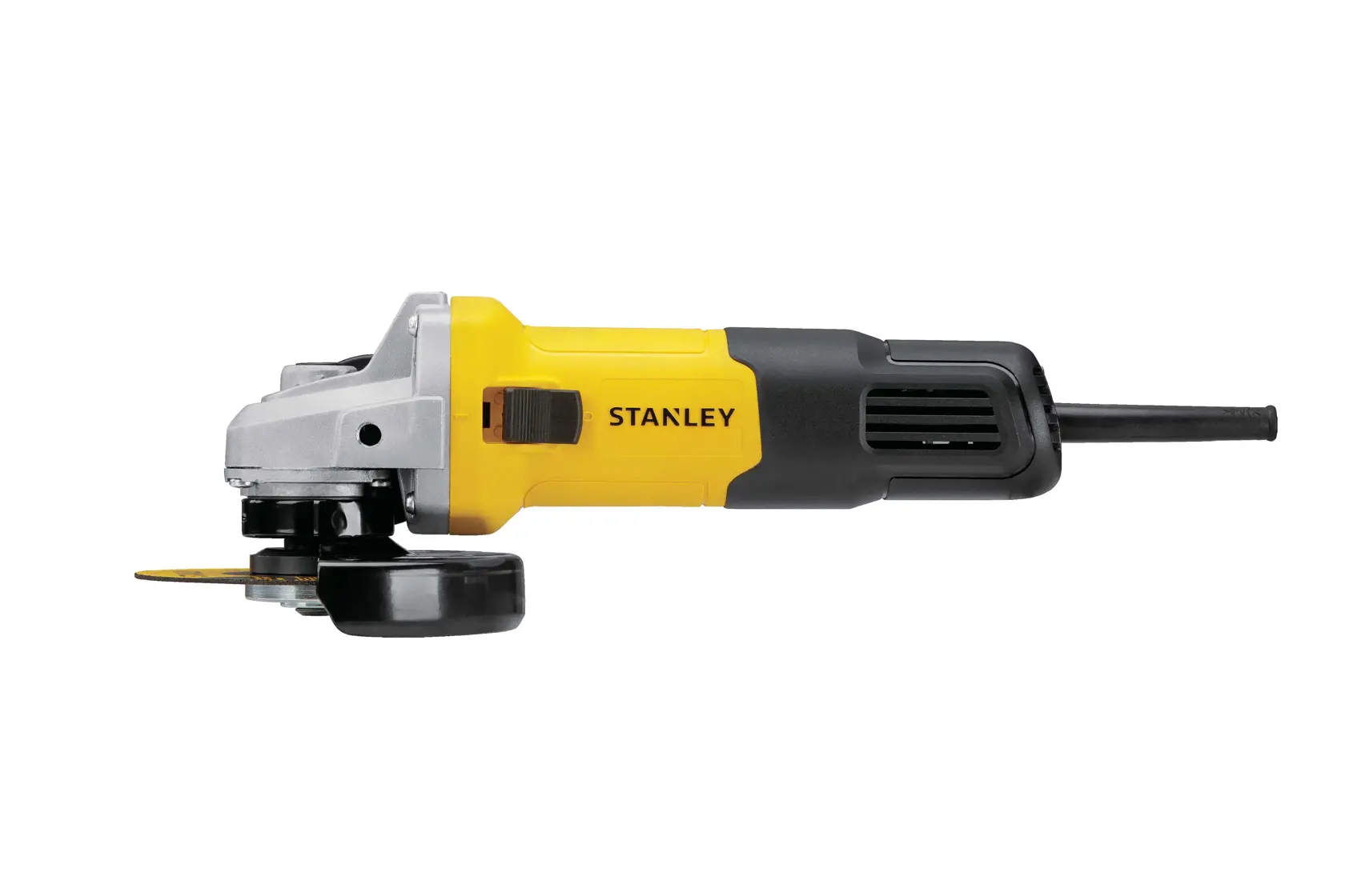 STANLEY SG7115-B3 amoladora angular amarilla y negra, vista lateral, herramienta eléctrica con mango y disco.