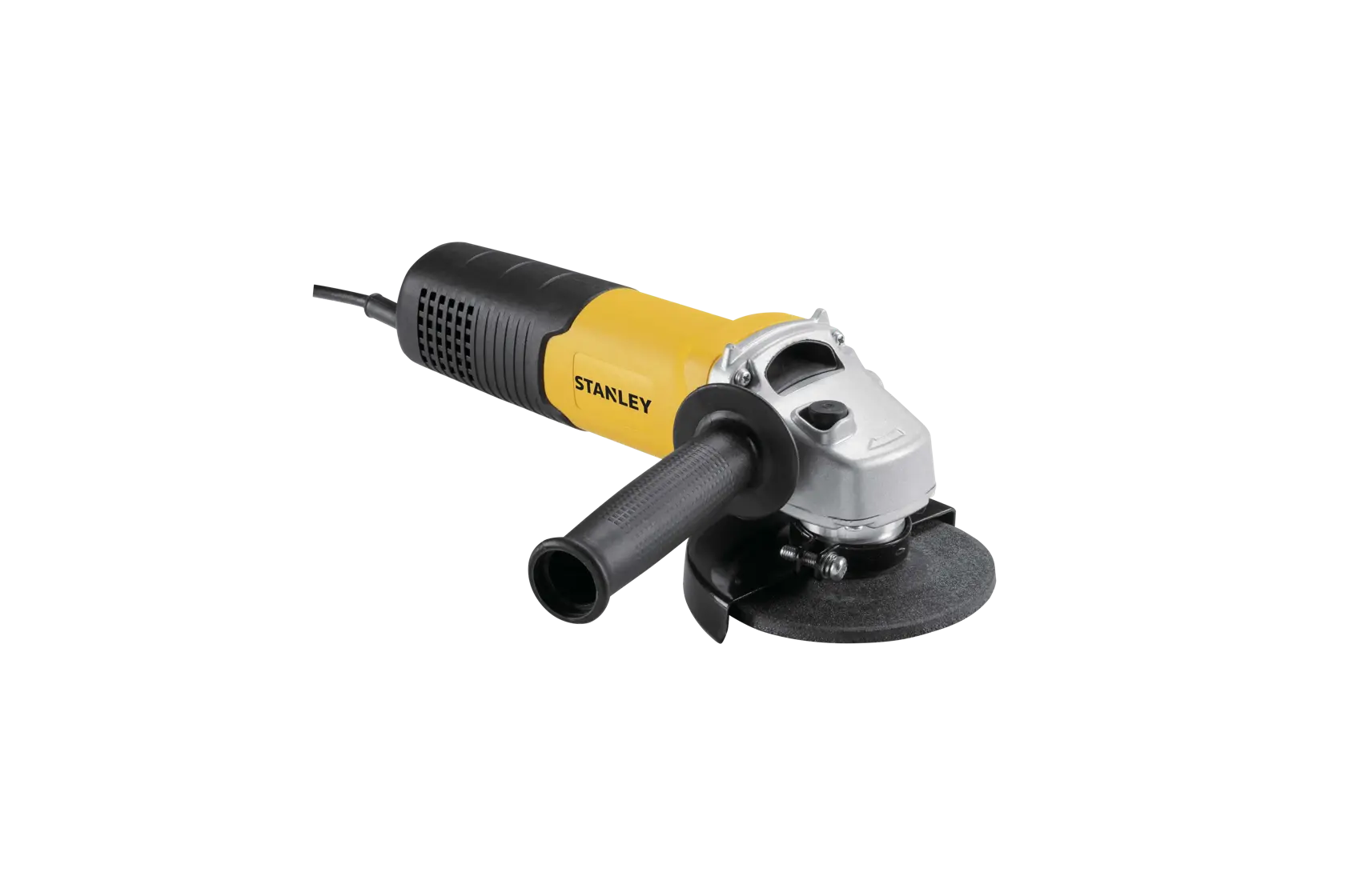 STANLEY SGS1045K amoladora angular amarilla y negra, vista frontal izquierda, con mango lateral y disco sobre fondo blanco.