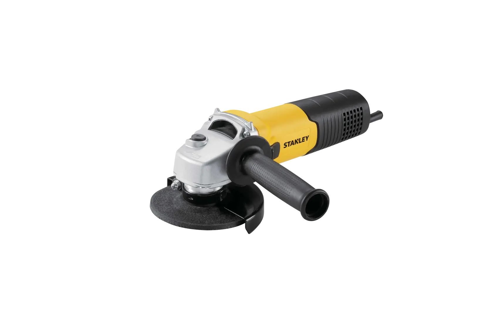 Stanley SGS1045K amoladora angular, amarilla y negra, vista lateral sobre fondo blanco.