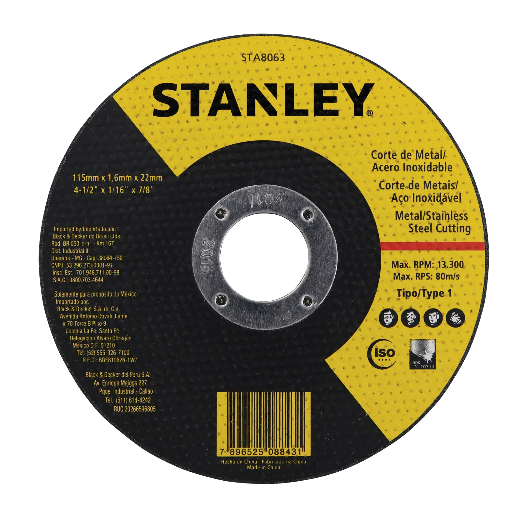 Disco de corte para metal y acero inoxidable STANLEY STA8063, negro y amarillo, medidas 115mm x 1.6mm x 22mm, ángulo frontal.