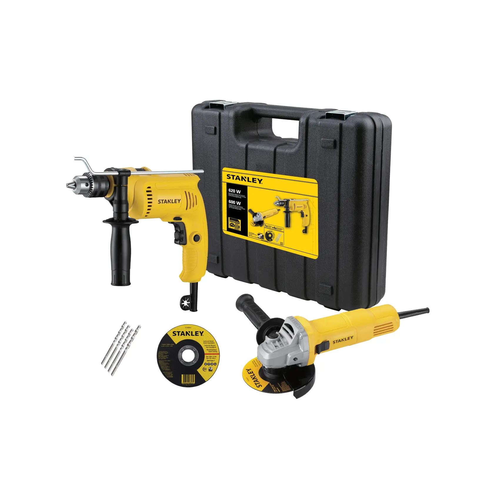 STANLEY SHG6620KA-B3 kit de taladro y amoladora con estuche, brocas y disco de esmeril, vista frontal.