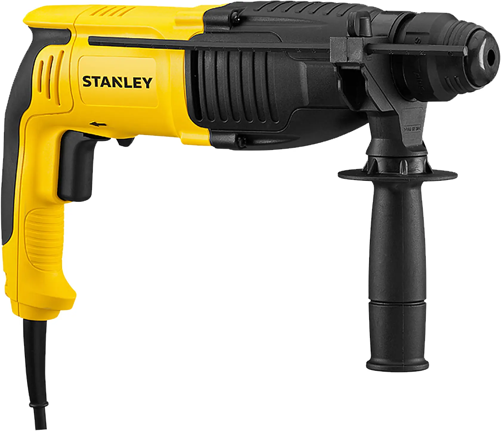 STANLEY SHR263K-BR taladro percutor amarillo y negro con cable, vista lateral sobre fondo blanco.