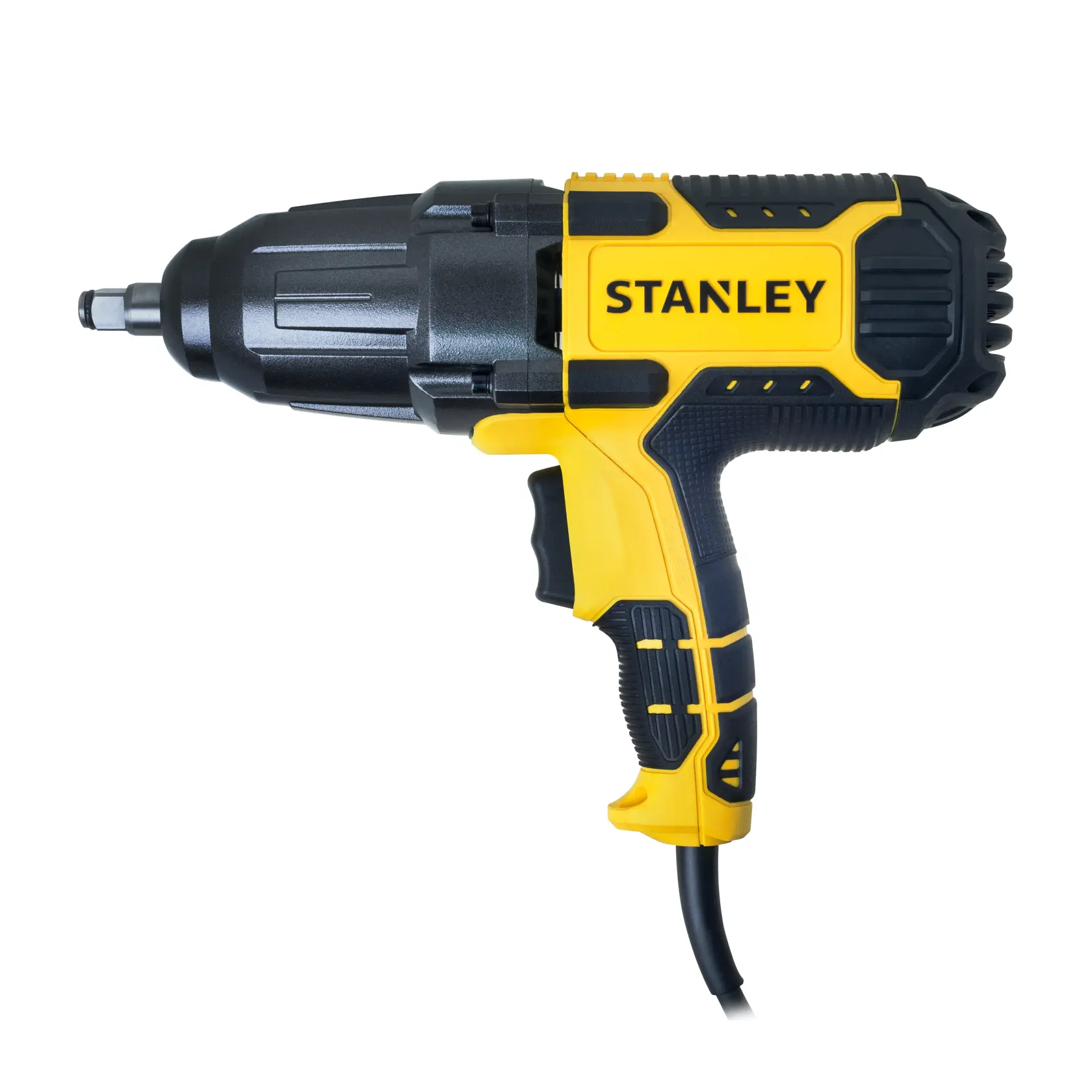 Llave de impacto eléctrica STANLEY SIW901-B2, amarilla y negra, vista lateral sobre fondo blanco.