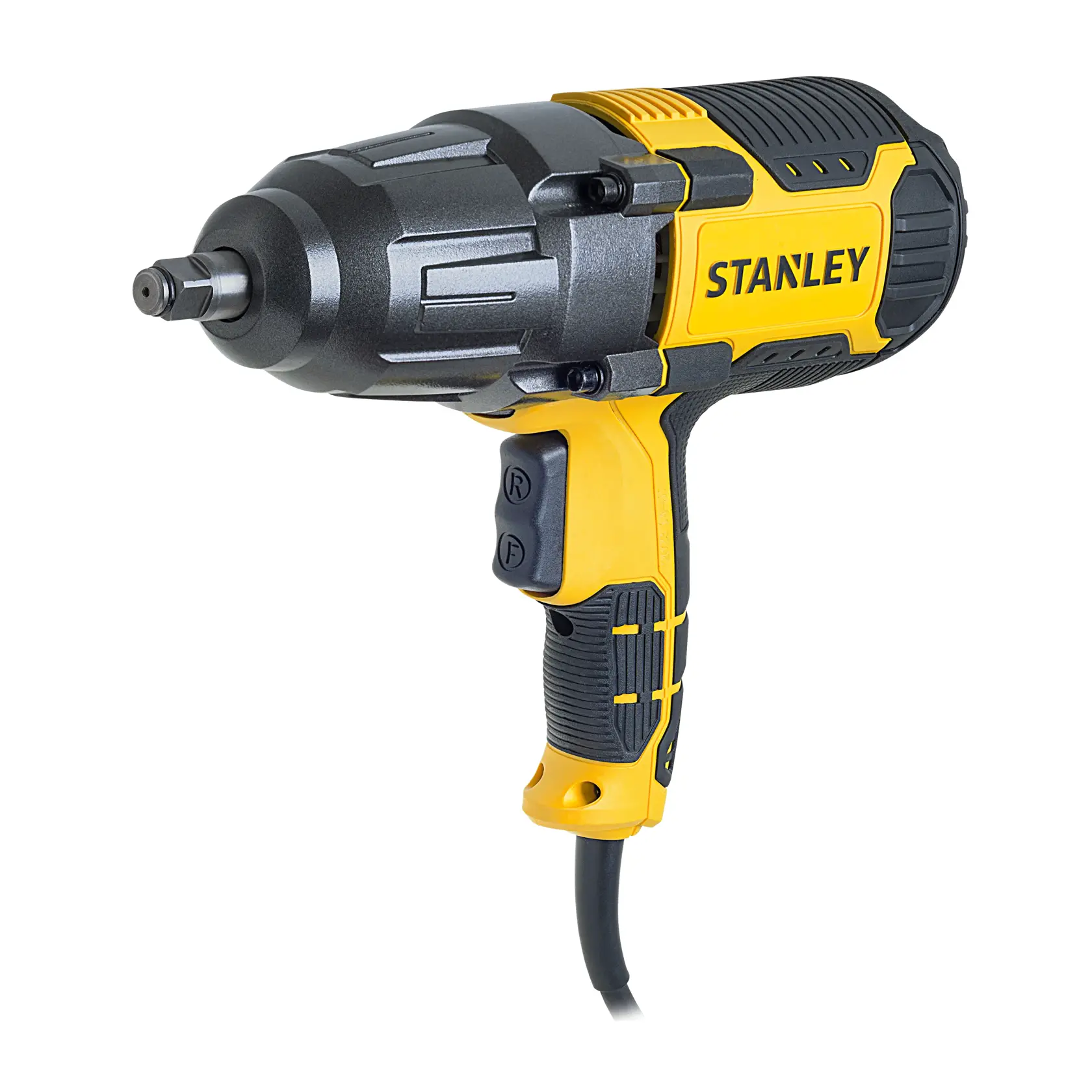 Llave de impacto eléctrica con cable STANLEY SIW901-B2 en amarillo y negro, vista lateral sobre fondo blanco.