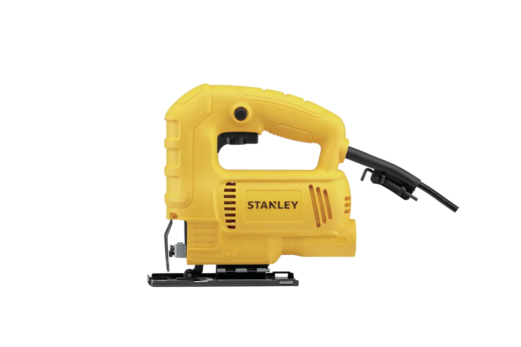 Stanley SJ45 herramienta eléctrica de caladora amarilla, fotografía lateral sobre fondo blanco.