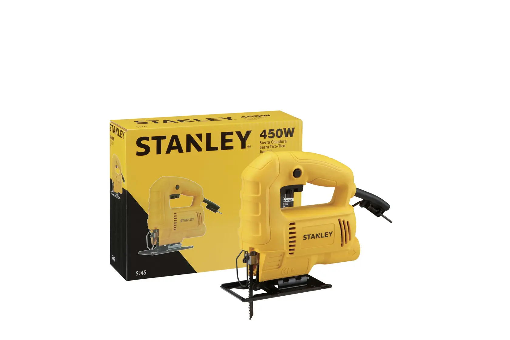 Sierra caladora STANLEY SJ45 de cuerpo amarillo y detalles en negro, con su caja, ángulo frontal sobre fondo blanco.