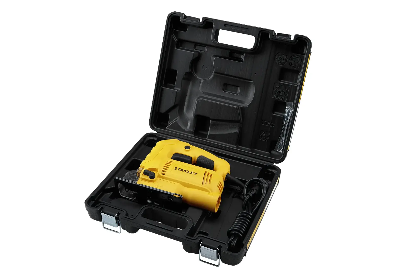 STANLEY SJ60K-B3 sierra caladora amarilla en estuche rígido negro, ángulo frontal, cable visible y cierres seguros.
