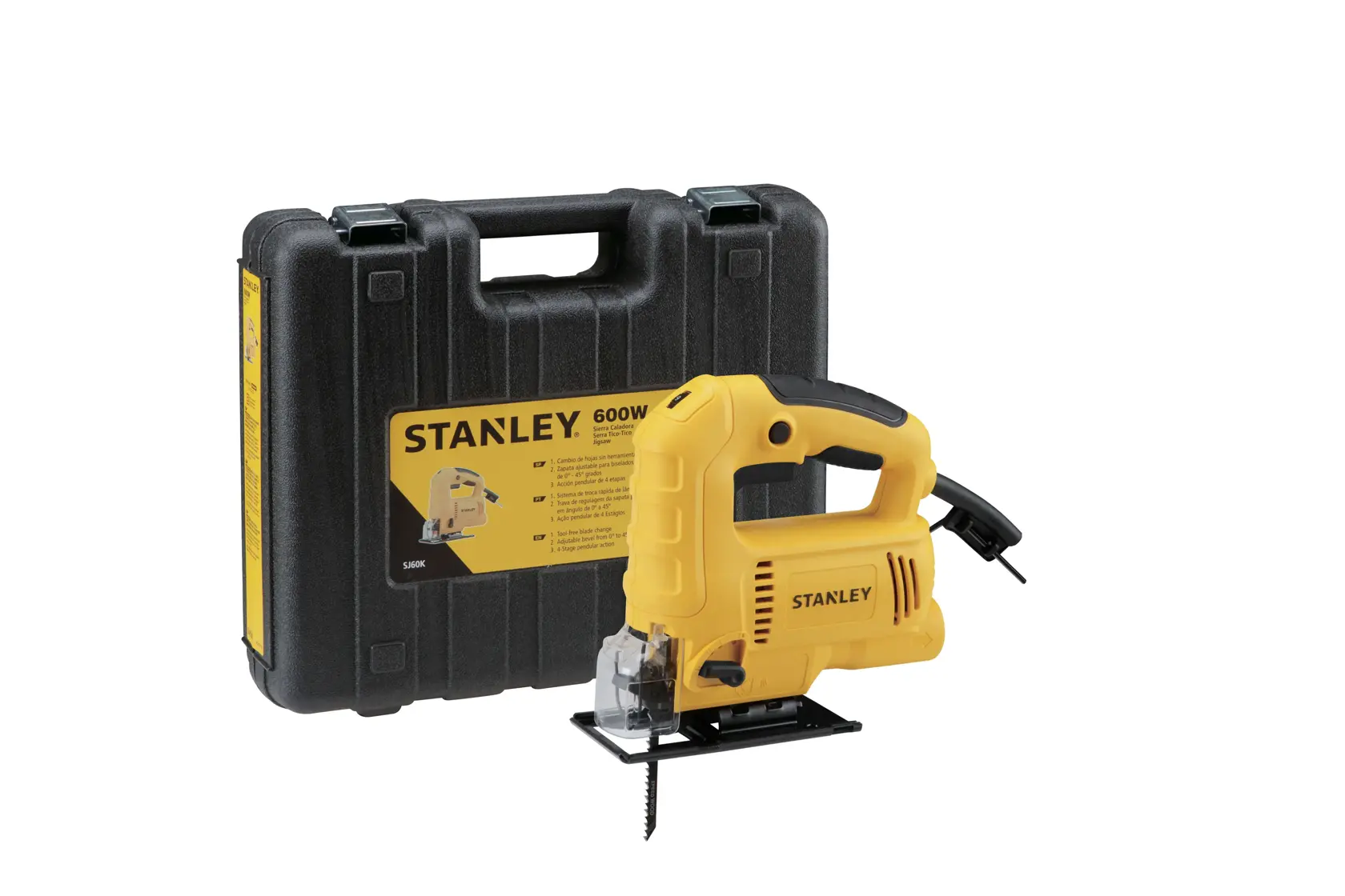 STANLEY SJ60K-B3 sierra caladora amarilla con estuche negro, ángulo frontal sobre fondo blanco.