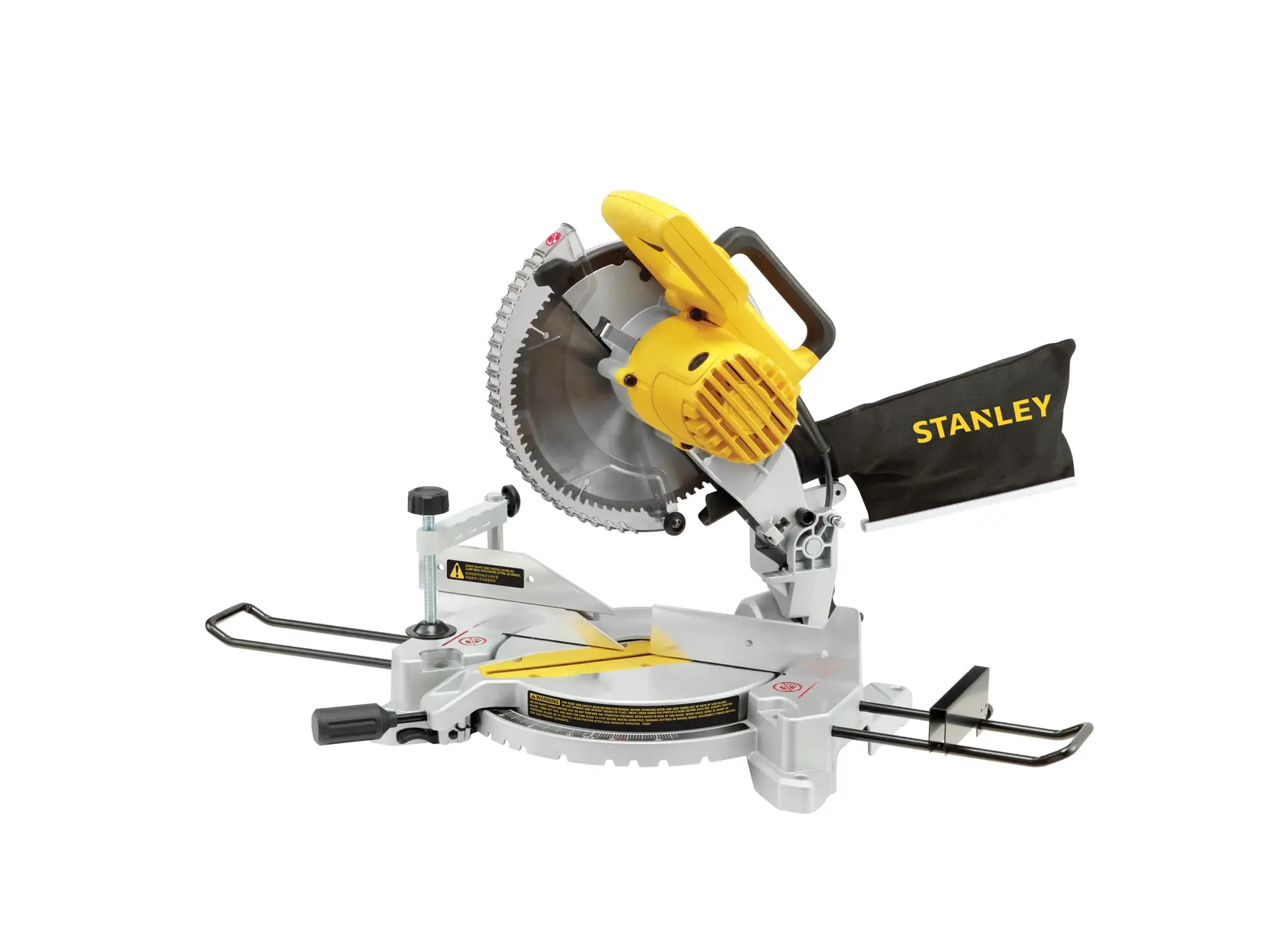 Sierra ingletadora STANLEY SM161_1 de diseño amarillo y negro, vista lateral sobre fondo blanco.