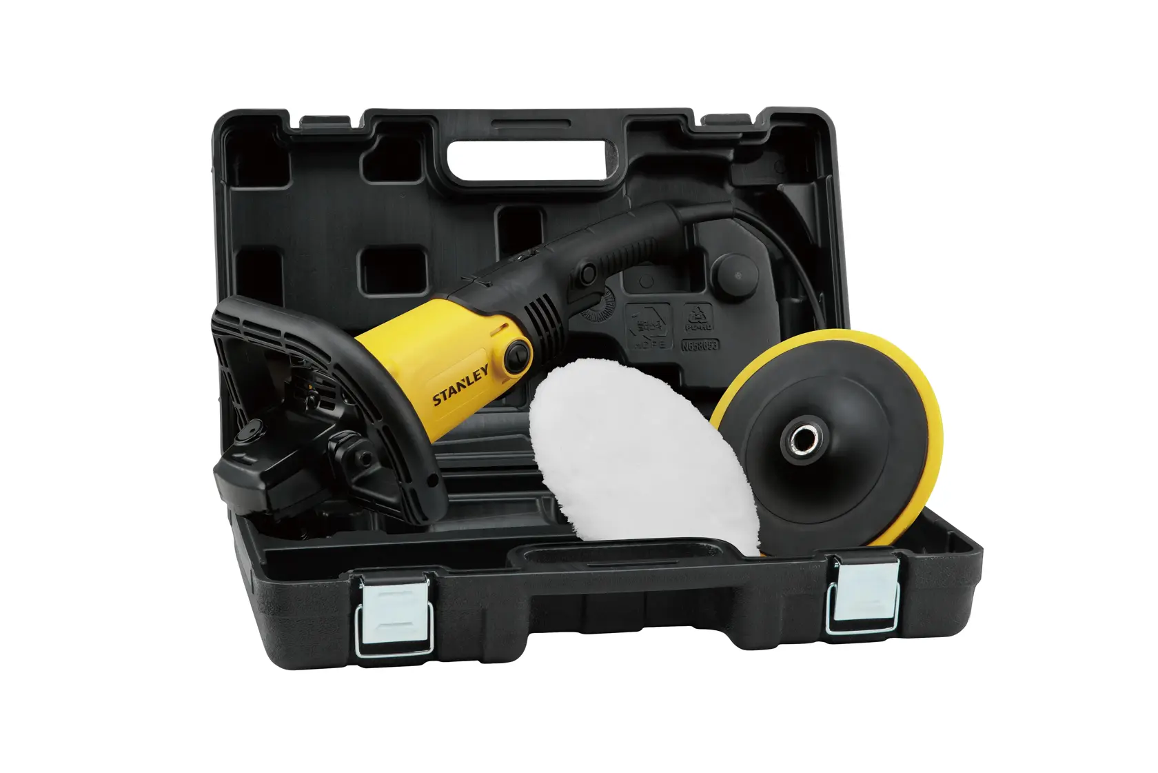 STANLEY SP137K-B2C kit de pulidora amarilla y negra con estuche, disco de pulido y plato, vista frontal.