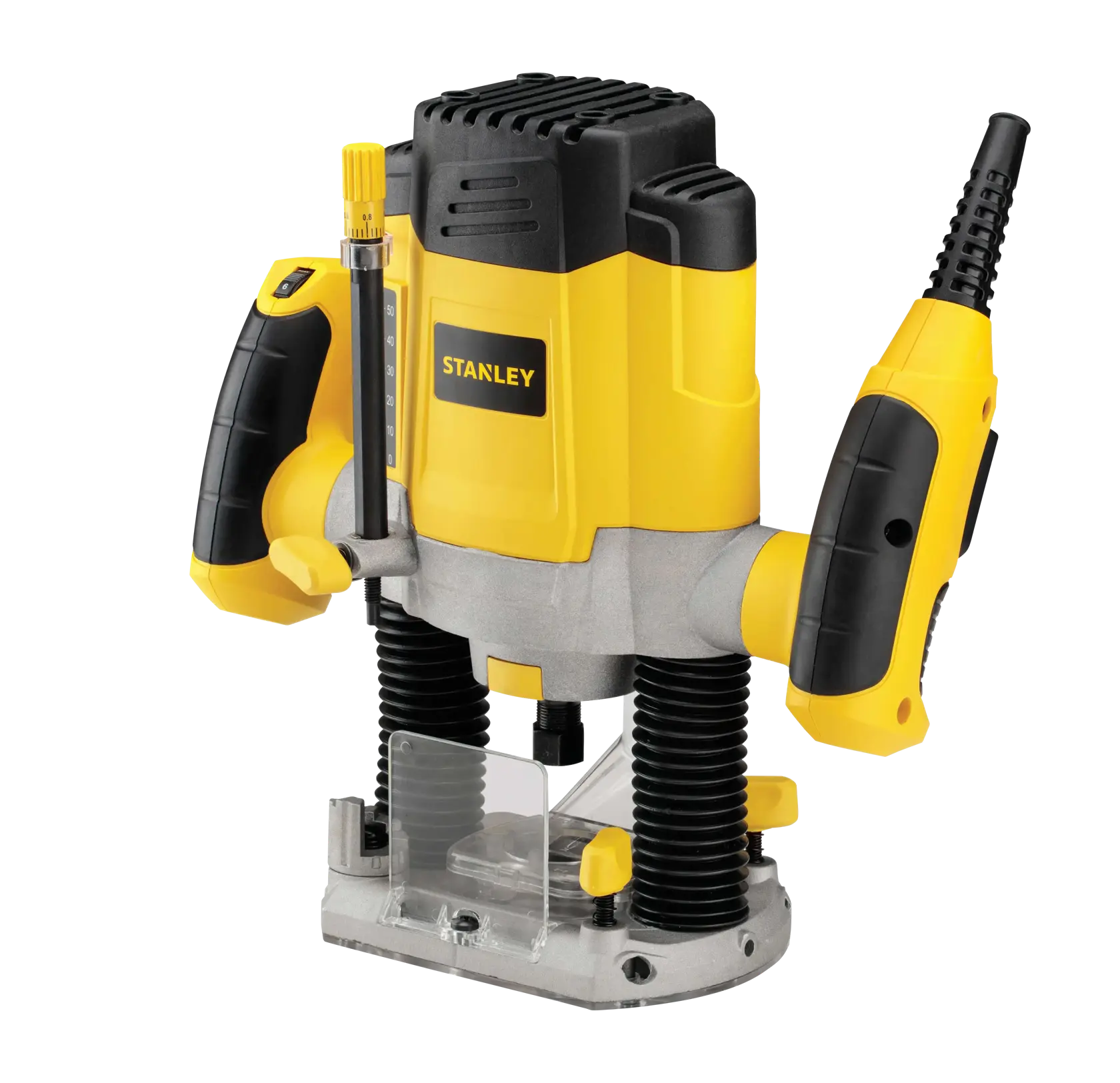 STANLEY SRR1200-AR fotografía vista frontal herramienta fresadora amarilla y negra con doble mango.
