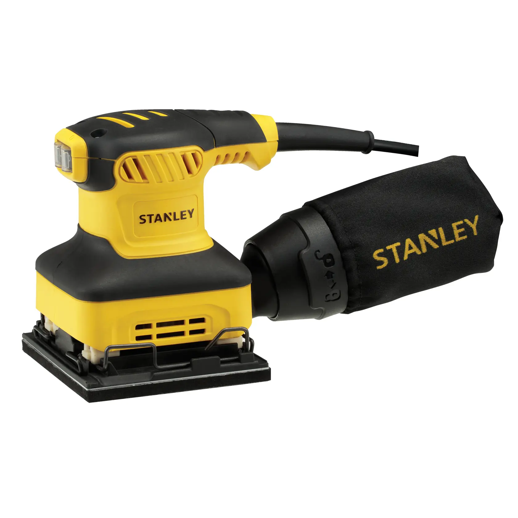 STANLEY SS24-B3 lijadora de palma cuadrada amarilla y negra con bolsa para polvo, ángulo frontal derecho, fotografía.
