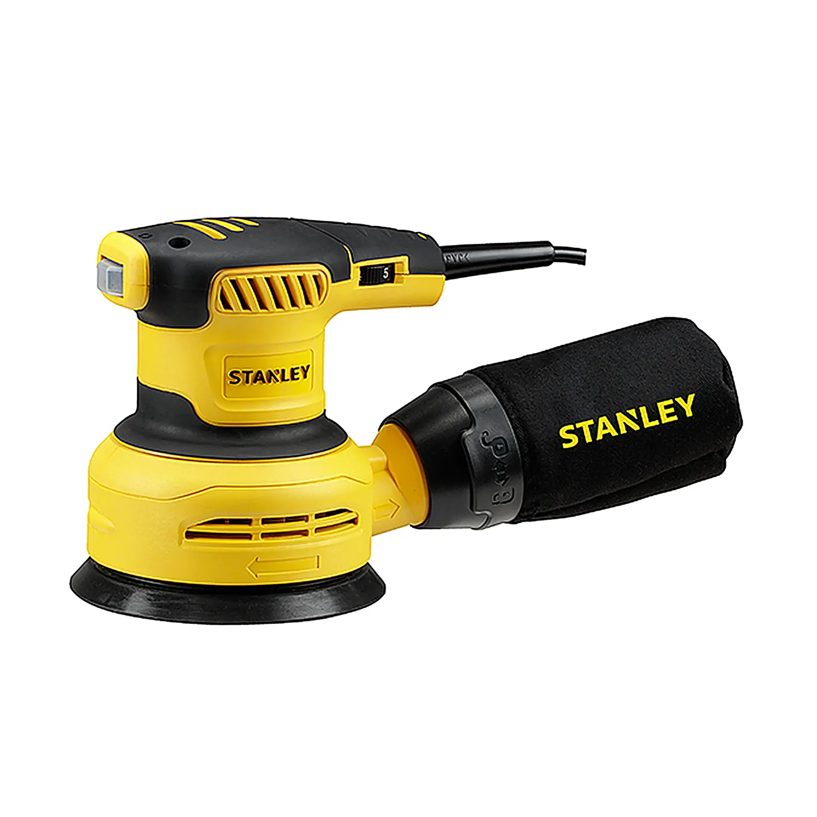 STANLEY SS30-B2C lijadora orbital amarilla y negra vista lateral con bolsa para polvo sobre fondo blanco.