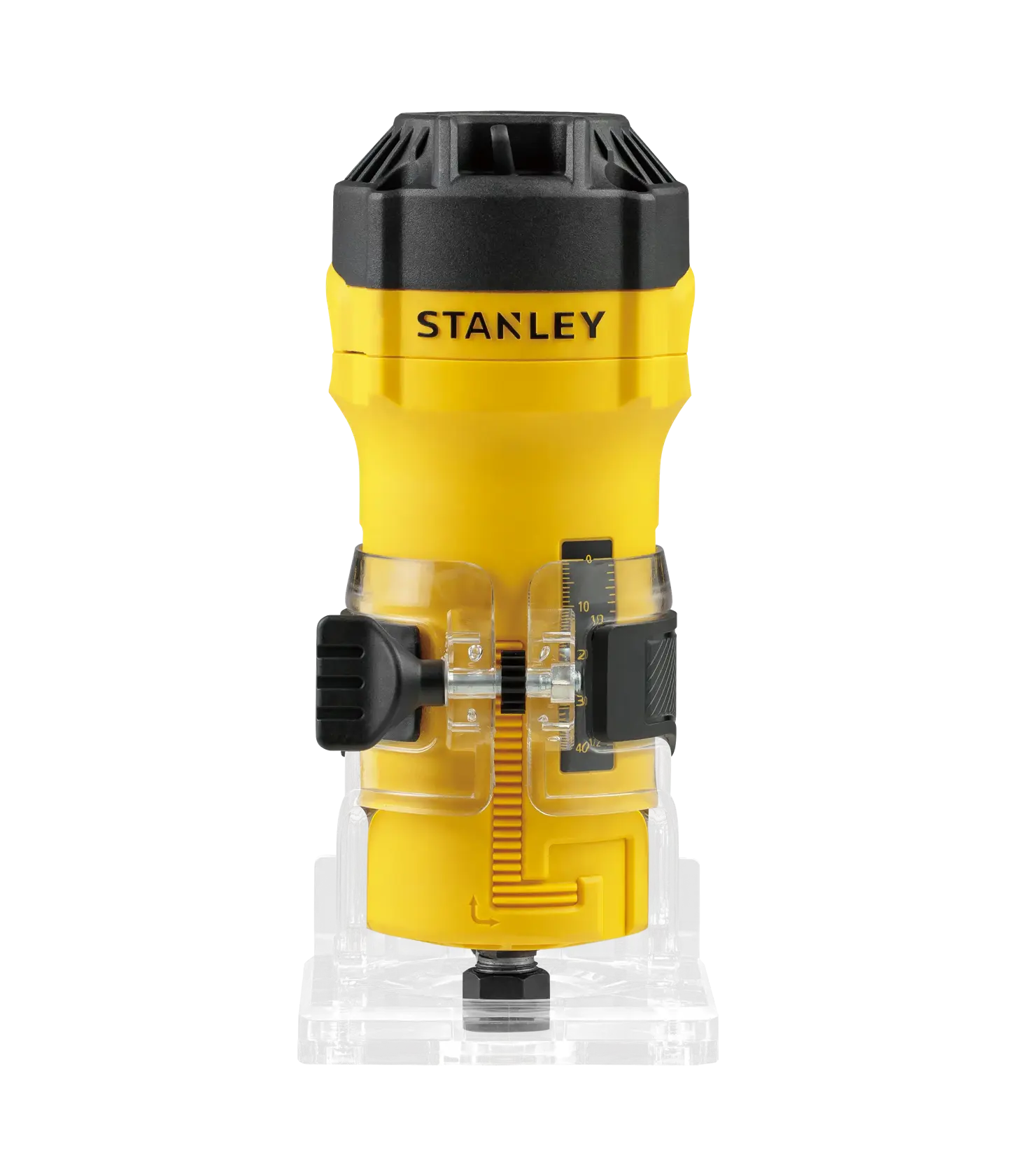 STANLEY ST55-B2 fresadora amarilla compacta vista frontal sobre fondo blanco.