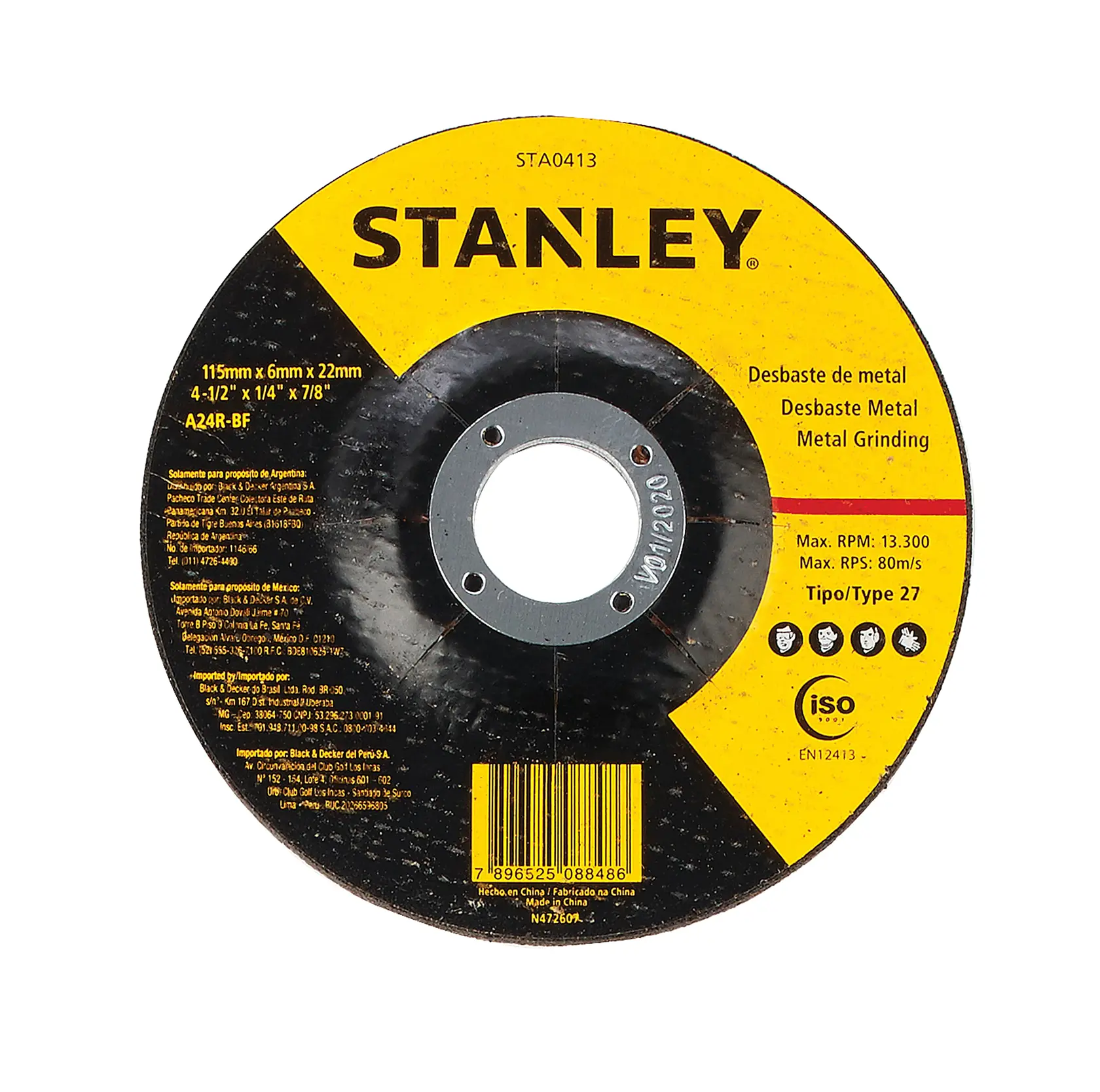 Disco de desbaste de metal STANLEY STA0413 con etiqueta amarilla y negra, vista frontal, 115mm x 6mm x 22mm, Tipo 27.