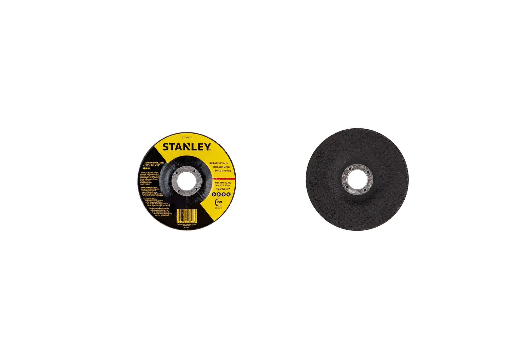 Disco de corte STANLEY STA0413, negro con etiqueta amarilla, mostrado frente y reverso sobre fondo blanco, fotografía.