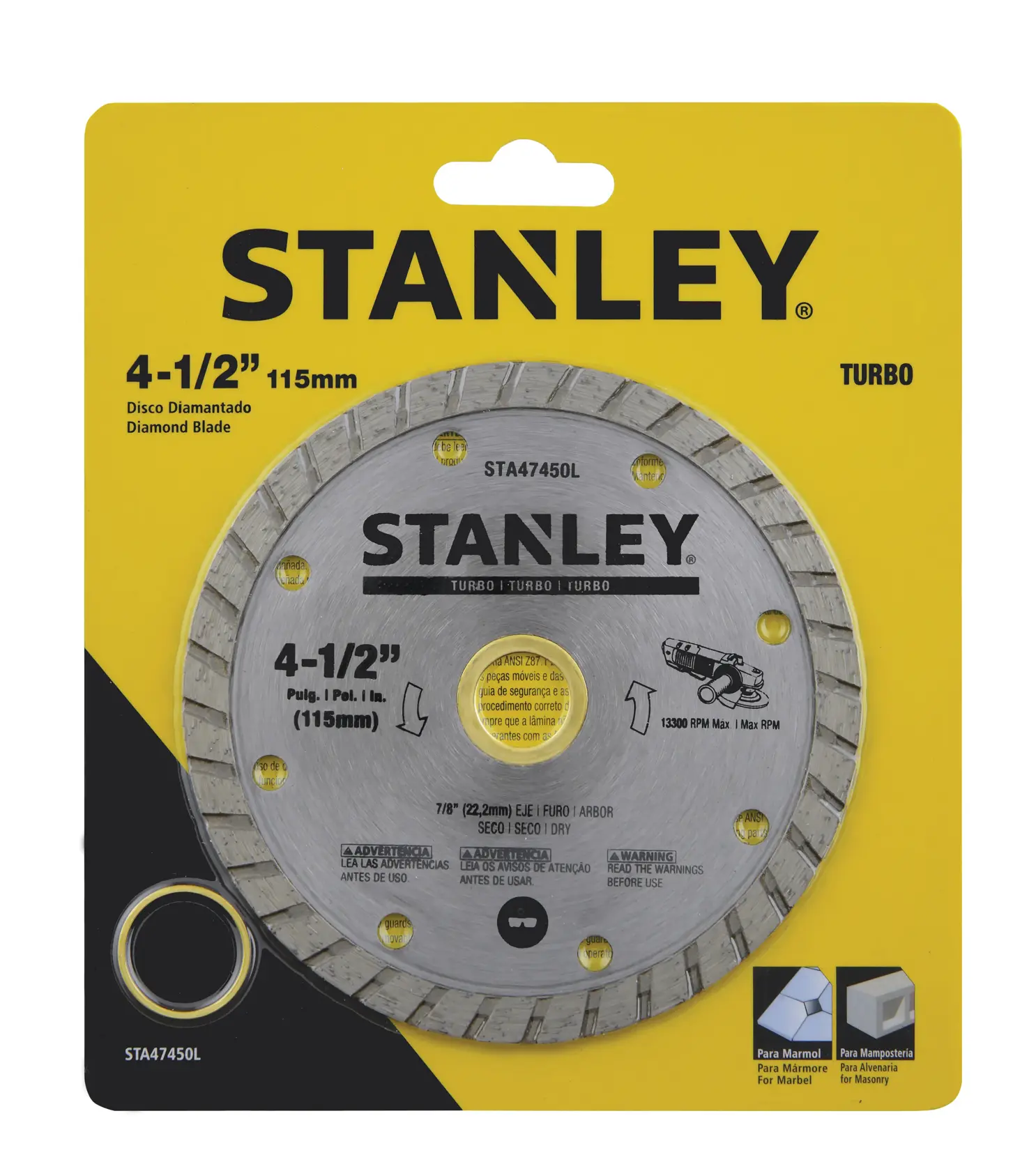 STANLEY STA47450L disco diamantado, 4-1/2 pulgadas, color plateado, en empaque comercial, vista frontal.