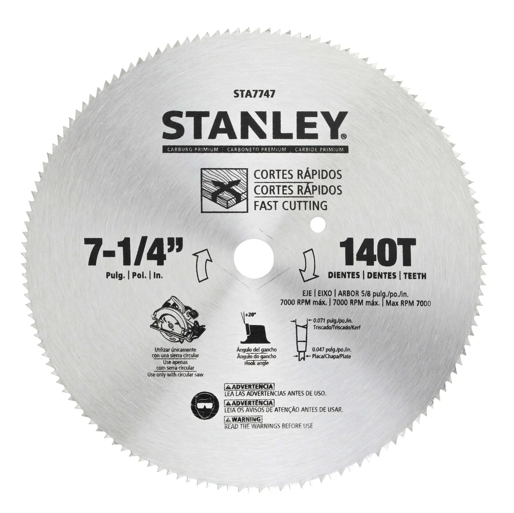 STANLEY STA7747 disco de sierra circular, 7-1/4 pulgadas, 140 dientes, color plateado, vista frontal sobre fondo blanco.